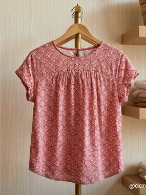 LOFT Coral-Pink Short Sleeve Scallop Print Blouse